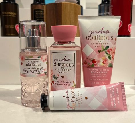 Modern Coquette, February Aesthetic, Gingham Gorgeous, Shower Vibes, Scent Combos, Pink Products, Bath N Body Works, Shea Butter Hand Cream, Perfume Photography