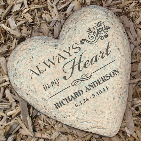 #GardenStones Engraved Small Memorial Heart Garden Stones. Remember a lot loved one by placing our beautiful engraved memorial garden stone in your yard. As long as you have this heart-shaped stone in your garden, they will always have a special place in your home. This Engraved Memorial Heart Garden Stone is made of durable resin and has a real stone look. It's lightweight, waterproof and available in 2 great sizes. Please choose either a small heart stone measuring 5.5" or a large heart stone Personalized Garden Stones, Heart Garden, Memorial Garden Stones, Garden Stepping Stones, Outdoor Gifts, Garden Markers, Family Is Everything, Memorial Stones, Garden Accents