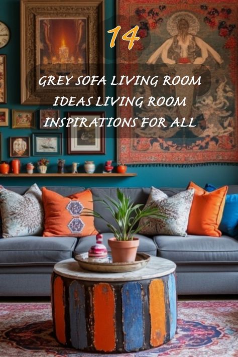 Transform your living room with these 14 inspiring ideas centered around a grey sofa. I love how the vibrant cushions pop against the neutral hue, adding warmth and personality to the space. The eclectic decor and colorful coffee table create a unique focal point, making every gathering feel inviting and stylish. Discover how to mix textures and colors for a cozy, contemporary vibe! Modern Boho Living Room Grey Couch Sofas, Boho Grey Sofa, Grey Couch Living Room Ideas Boho, Gray And Orange Living Room Ideas, Grey Sofa Cushion Ideas, Living Room Decor Colors Grey, Gray Couch Living Room Ideas, Grey And Orange Living Room, Boho Living Room Grey Couch