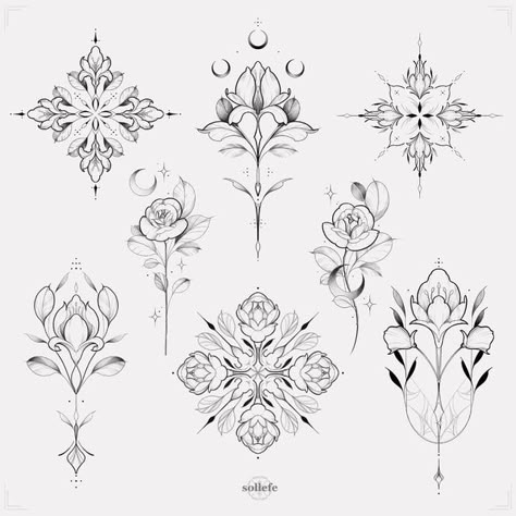 Ornamental Style Tattoo, Flower Arrangement Tattoo, Floral Tattoo Back, Symmetrical Flower Tattoo, Floral Tattoo Flash, Ornamental Floral Tattoo, Ornamental Flower Tattoo, Flor Tattoo, Tattoos To Cover Scars