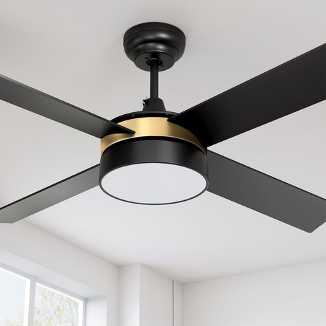 Moasis 52-inch 4-Blade Ceiling Fan with LED Light and Remote Control - On Sale - Bed Bath & Beyond - 37522517 Black And Gold Ceiling Fan, Black Ceiling Fans, Gold Ceiling Fan, Pepper Tree, Gold Ceiling Light, Black Light Fixture, Salon Suites, Black Ceiling Fan, Kitchen Ceiling