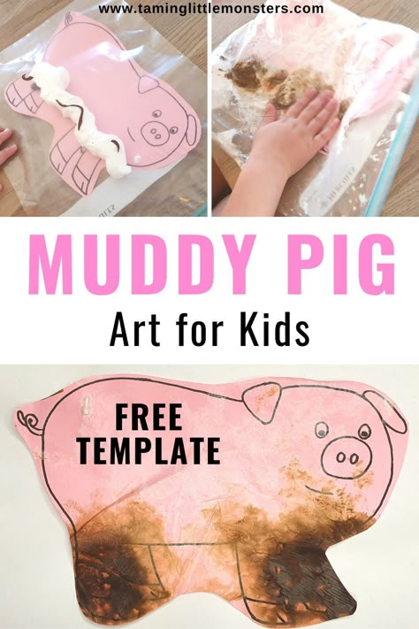 Muddy pig art for kids. A fun process art activity for toddlers and preschoolers. Perfect for farm themed lesson plans. #farm #artsandcrafts #toddlers #preschool #processart Farm Craft Activities Preschool, Fall Farm Activities For Toddlers, Farm Provocations Preschool, Pig Sensory Activities, Pig In Mud Craft, Pig Preschool Art, Farm Activity For Preschool, Muddy Pigs Preschool, Farm Animal Sensory Play