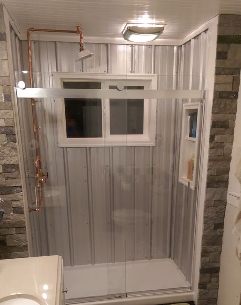 Shower remodel phase 1 of project Galvanized Shower Ideas, Tin Bathroom Ideas, Tin Shower Walls, Corrugated Metal Shower, Galvanized Shower, Tin Shower, Skoolie Living, Bathroom Dream, Shop Apartment