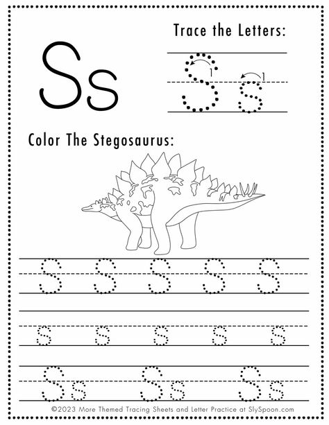 Free Dinosaur Themed Letter S Tracing Worksheet - Get your little ones excited about learning the letter S with these adorable and FREE printable Dinosaur-themed tracing pages! Perfect for preschoolers and toddlers, this set includes upper and lowercase letter tracing to enhance their handwriting skills. Teach while having fun! #letterS #tracingpages #dinosaurtheme #printables #preschoolactivities #toddleractivities S Tracing Worksheet, S Activities For Preschool, Letter S Tracing, Letter S Worksheet, Letter S Crafts, Letter S Activities, Fun Letters, Work Sheet, Tracing Sheets