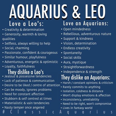 #Aquarius & #Leo relationship. Listed above are the positive aspects of a relationship / friendship and the potential issues that may cause problems. (Please note that each other's Moon signs should be taken into consideration to get the bigger picture) #ClassicAquarius #Aquarius Leo And Aquarius Compatibility, Aquarius And Leo, Aquarius Horoscope Today, Aquarius Relationship, Leo Relationship, Aquarius Leo, Aquarius Compatibility, Sidereal Astrology, Leo Zodiac Quotes