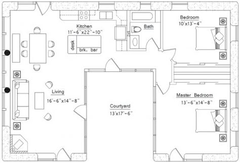 This with a second floor - or atleast 2 more bedrooms and I'm sold!  :)  Love U-shaped homes with a gorgeous courtyard w/ pool :) U Shaped House Plans, U Shaped Houses, Shaped House, Kitchen Floor Plan, Straw Bale House, Courtyard House Plans, Cob House, Casa Container, Courtyard House