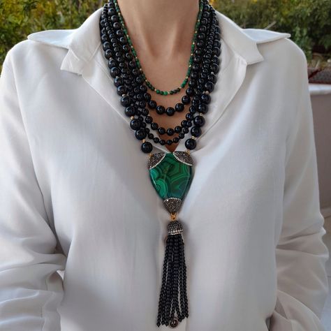 Black Stone Necklace, Bright Necklace, Malachite Necklace, Chunky Bead Necklaces, Bold Necklace, Black Onyx Necklace, Gemstone Beaded Necklace, Onyx Necklace, Hippie Necklace