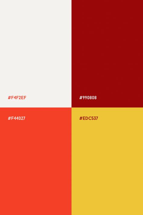 Off white, deep red, orange red, mustard yellow Red Orange Yellow Palette, Red Orange Pallete Color, Red Orange White Color Palette, Red And Yellow Pallete, Red And Orange Color Scheme, Red And Yellow Graphic Design, Color Palette Red And Yellow, Red Yellow White Color Palette, Red And Yellow Colour Palette