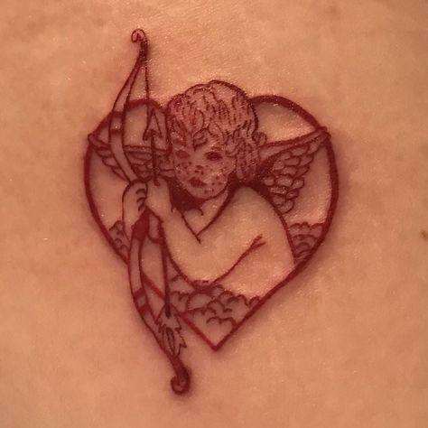 Angel tattoo; credit to @honkifplutoisaplanet Inspiration Tattoos, Cat Tattoos, Red Ink Tattoos, Initial Tattoo, Tiny Tattoo, Red Tattoos, Celtic Tattoos, Music Tattoos, Dainty Tattoos