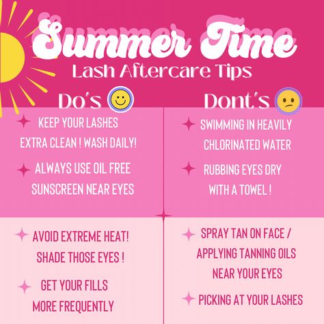 Lash summer tips Summer Lash Tips, Summer Lash Extensions, Lash Extension Promotion Ideas, Summer Promotion Ideas, Summer Lashes, Lash Marketing, Lash Aesthetic, Lash Appointment, Glam Bar