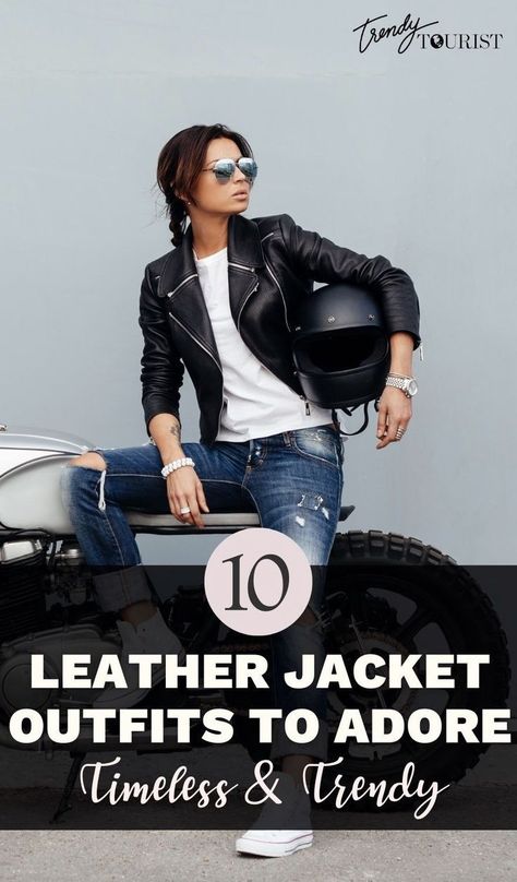 My blog post explores 10 fashionable leather jacket ensembles that perfectly marry timeless charm with contemporary trends. Learn how to elevate your style with these versatile jacket looks, suitable for various occasions and effortlessly adapting to changing fashion landscapes at www.trendytourist.co.uk | women's fashion Moto Jacket And Jeans Outfit, Motorcycle Jacket Outfits For Women, Leather Jacket Looks, Motorcycle Jacket Outfit, Casual Leather Jacket Outfit, Black Leather Biker Jacket, Versatile Jacket, Leather Jacket Style, High Fashion Outfits