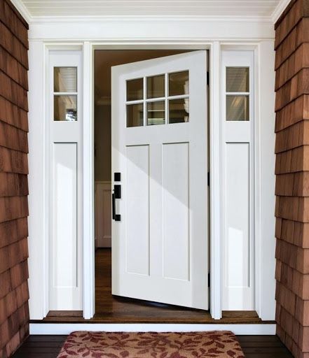 Craftsman Style Doors Exterior Front Entry, Front Door With High Windows, Front Door Top Window, White Craftsman Front Door, Frosted Sidelights Front Doors, White Front Door With Sidelights, Exterior Shaker Doors, Craftsman Exterior Doors, Front Door Shaker Style