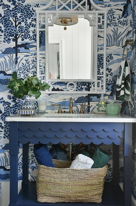 Blue Scalloped Washstand with White Bamboo Pagoda Mirror - Transitional - Bathroom Raffia Wallpaper, Pagoda Mirror, Blue Chinoiserie Wallpaper, Coastal Chinoiserie, Chinoiserie Bedroom, Bungalow Remodel, Chinoiserie Interior, Beach House Bathroom, Blue And White Wallpaper