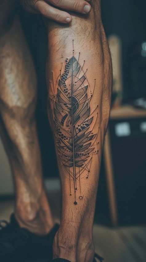 Intricate feather tattoo design on calf with fine lines and dotwork for depth in monochromatic ink, showcasing elegant and detailed body art. Line Feather Tattoo, Line Leg Tattoo, Fine Line Feather Tattoo, Fine Line Leg Tattoo, A Feather Tattoo, Feather Tattoo Design, Feather Tattoo, Ink Artwork, Fine Line