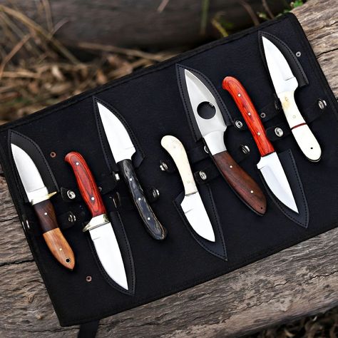 Custom Handmade Unique Set/Lot of 7 Different Knives with leather sheath - Best Gift For Him / Her These can serve purpose as hunting knives, skinners and as chef knives set too. Different designs and materials made this set a unique gift for your loved ones. Blade Material: All knives are made of D2 Steel Handle Material: 5 knives have wooden handle and 2 knives have camle bone handle Note: Package contains 7 knives same as shown in pictures. These superb design knives are hand forged and... Craft Knife Blades, Knife Guide, Tool Knives, Chef Knives, D2 Steel, Best Gifts For Him, Chef Knife Set, Outdoor Knife, Custom Knife