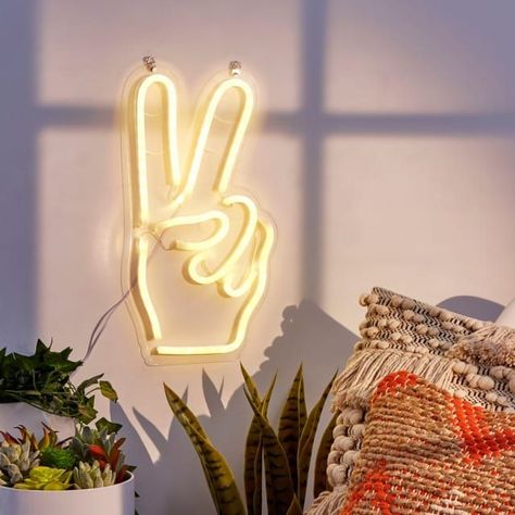 The Unexpected Home Trend We’re Starting to See Everywhere Led Lights White, Arrow Image, Small Modern Living Room, Peace Light, Hangout Room, Peace Hand, Dorm Sweet Dorm, Neon Room, Marquee Sign