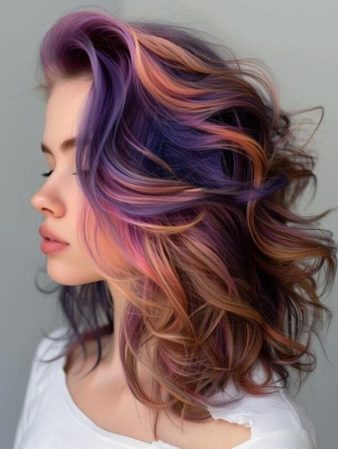 Top Summer Hair Colors for 2024 Chunky Fall Hair, Colorful Fall Hair Colors, Vivid Hair Highlights, Multiple Color Hair Dye Ideas, Colorful Wedding Hair, Vivid Hair Color Balayage, Colorful Hair Ideas For Blondes, Vivid Peekaboo Highlights, Purple And Peach Hair