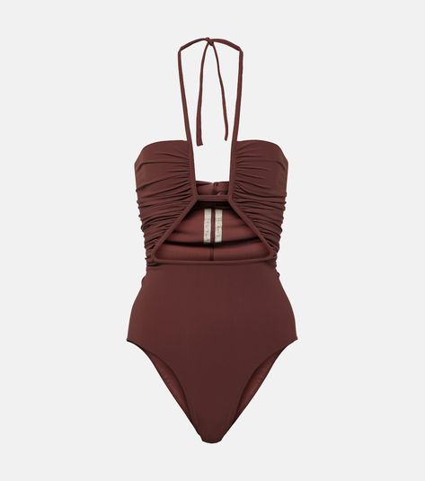 Halterneck cutout swimsuit in brown - Rick Owens | Mytheresa Love Island Outfits, Vintage Beachwear, Kate Moss Street Style, Belly Dancing Workout, Swimwear 2024, Swimming Outfits, Cutout Swimsuit, 2022 Style, Swim Brands