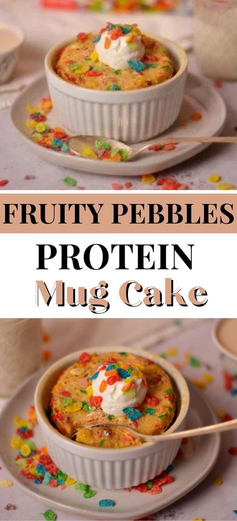 Mug cakes are all the rage, and this Fruity Pebbles Protein Mug Cake is low carb, high protein, and ready in minutes! Fruity Cereal Protein Powder Recipes, Protein Fruity Pebbles, Fruity Pebbles Protein Balls, High Protein Peach Cobbler, Fruity Pebble Protein Powder Recipes, Fruity Pebbles Protein Powder Recipes, Fruity Pebbles Protein Shake, Recipes With Fruity Pebbles, Mug Cake Protein Powder