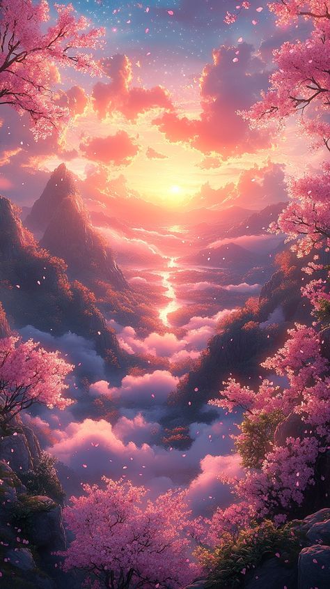 Step into a world of serene wonder with this breathtaking sunrise scene! 🌅🌸 A misty valley, blooming cherry blossoms, and distant, ethereal mountains come alive under a warm, star-studded sky, capturing the essence of tranquility and beauty. 🌌✨ #AnimeArt #DigitalIllustration #NatureBeauty #SunriseMagic #MakotoShinkaiInspired #EtherealMountains #CherryBlossoms #TranquilMorning #CosmicGlow Iphone Wallpaper Japan, Butterfly World, Ethereal Landscape, Background Scenery, Season Aesthetic, Fantasy Wallpaper, Sky Pink, Fantasy Background, Night Scenery