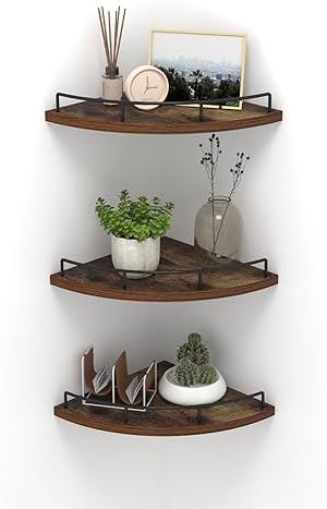 Corner Shelf Ideas Bathroom, Floating Corner Shelf, Corner Shelf Ideas, Wood Corner Shelves, Kitchen Brown, Freestanding Storage Cabinet, Rustic Wall Shelves, Floating Corner Shelves, Corner Wall Shelves