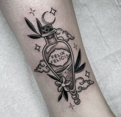 Harry Potter Luck Potion Tattoo, Gothic Harry Potter Tattoo, Harry Potter Liquid Luck Tattoo, Liquid Luck Tattoo, Aqua Tofana Tattoo, Elixir Tattoo, Apothecary Tattoo, Felix Felicis Tattoo, Good Luck Tattoo