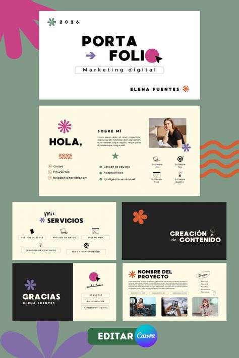 Plantilla 100% editable en Canva. Diseño de portafolio digital para mercadóloga, marketing, moderno. Promociona tus servicios y da a conocer tu trabajo con esta increíble plantilla. Más de 100 plantillas en el link de mi perfil. Clik para editar 👇 Marketing Portfolio Design, Business Post Design, Digital Marketing Portfolio, Portfolio Marketing, Branding Mood Board Inspiration, Digital Portfolio Template, Marketing Portfolio, Cv Inspiration, Graphic Design Cv