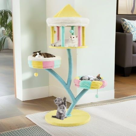 Pefilos cat cat tree is not only a climbing device, but also a comfortable sleeping platform, entertainment and play area, cozy cat condo and scratching posts. Meet the various needs of cats! Has an open cat condo that is perfect for resting and observing. Curved scratching posts to encourage healthy nail maintenance are ideal for cats to scratch and stretch, helps the health of your cat's nails and keeping them away from your valuable curtains and furniture! Consists of hidden metal tubes that Nail Maintenance, Small Cat Tree, Cat Castle, Cat Patio, Cat Tree House, Modern Cat Tree, Bed With Led Lights, Cozy Cat, Activity Center