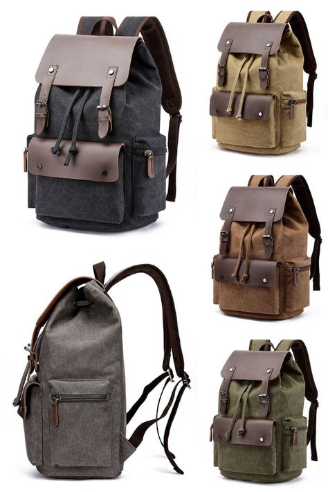 Leisure Double Buckle Leather Thick Canvas Large Travel Bag School Backpacks High School Backpack, Canvas Backpacks, Stylish School Bags, Retro Backpack, Large Travel Bag, Canvas Leather Bag, Leather Rucksack, Tactical Bag, Bags For Teens