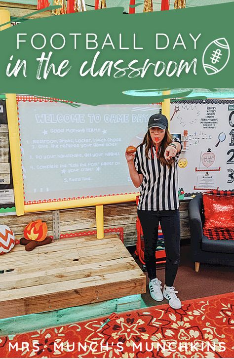 Back To School Football Theme, Super Bowl Bulletin Board Ideas, Football Friday, Super Bowl Room Transformation, Sports Room Transformation, Classroom Super Bowl Party, Super Bowl Classroom, Football Room Transformation, Football Themed Classroom