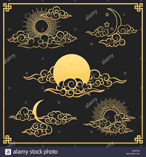 Download this stock vector: Oriental clouds, sun and moon. Gold sun and moon with clouds in old decorative traditional asian or chinese style vector illustration - MADTB4 from Alamy's library of millions of high resolution stock photos, illustrations and vectors. Japanese Cloud Tattoo, Moon With Clouds, Petit Tattoo, Moon Gold, Cloud Tattoo, Asian Tattoos, Sun And Clouds, Cloud Drawing, Sun Tattoo