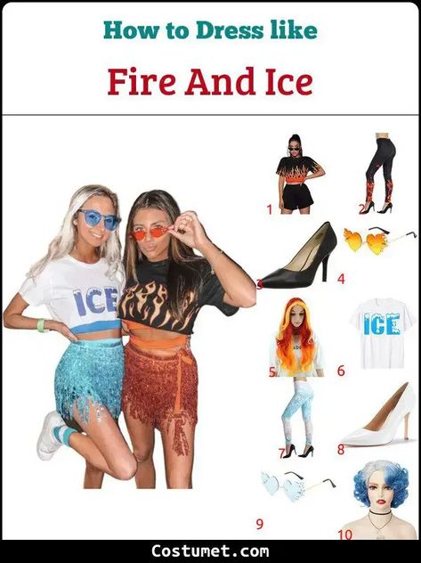 Fire and Ice Costume for Cosplay & Halloween 2023 Diy Fire And Ice Costume, Fire Vs Ice Spirit Week, Fire And Ice Couples Costume, Fire Ice Costume, Fire Halloween Costume, Fire And Ice Costume Halloween, Fire Wig, Fire And Ice Costume, Ice Costume