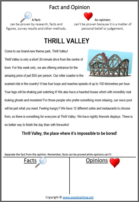 Fact vs Opinion Worksheets Reading Passages • EasyTeaching.net Fact Opinion Activities, Fact Vs Opinion, Fact And Opinion Worksheet, Teaching Character Traits, Reading Facts, First Grade Reading Comprehension, Calm Classroom, Computer Center, Teaching Character