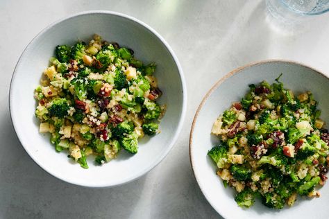 This easy chopped salad fits loads of texture and flavor onto a spoon by combining finely chopped raw broccoli with chewy dried cranberries, crunchy pecans, fluffy quinoa and chunks of sharp Cheddar cheese The mixture is tossed in a punchy mustard vinaigrette that soaks into the florets, only getting better as it sits Feel free to substitute the quinoa for any grain, like brown rice, farro or buckwheat groats, though the cook time may vary. Broccoli Spoon Salad, Broccoli And Quinoa Salad, Brocolli Quinoa Recipes, Quinoa And Broccoli Spoon Salad, Quinoa Broccoli Salad, Quinoa And Broccoli Recipes, Broccoli Quinoa Salad, Nytimes Cooking, Easy Chopped Salad