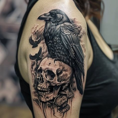 31 Disney-Inspired Tattoos for Women - Raven Queen Tattoo, Raven With Skull Tattoo, Raven And Skull Tattoo, Raven Skull Tattoo, Ravens Tattoo, Raven Tattoos, Disney Inspired Tattoos, Raven Perched, Michael Tattoo