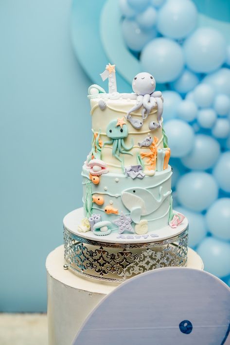 Kara's Party Ideas One-der The Sea 1st Birthday Party | Kara's Party Ideas Octopus Cake Pops, Under Sea Cake, One Der The Sea, Sea Party Food, Lion King Birthday Party Ideas, Octopus Cake, Under The Sea Cake, Sea Cake, Ocean Birthday Party