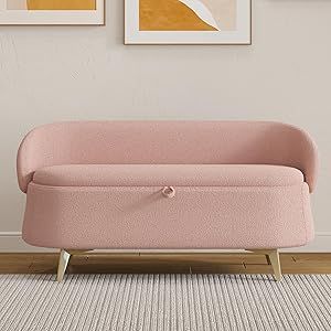 Linyuanwai Storage Bench with Backrest, Teddy Fleece Ottoman Bench End of Bed Bench with Seating and Golden Legs, Long Upholstered Sofa Stool for Living Room Bedroom Entryway (Pink) End Of Bed Seating, Bench End Of Bed, Bench With Backrest, Bedroom Layout Design, Pink Ottoman, Stool For Living Room, Sofa Stool, Storage Bench Bedroom, Couch Design