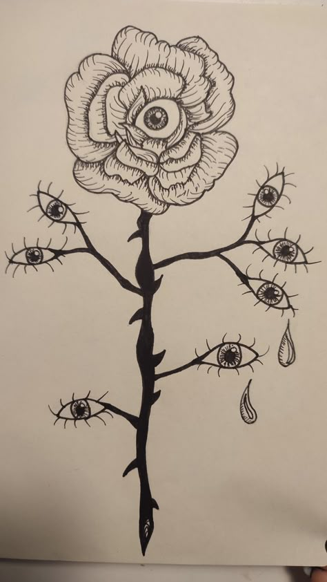 Dibujo blanco y negro de Rosa con ojos y lagrimas Flower With An Eye Drawing, Rose Eye Drawing, Flowers With Faces Drawing, Flowers With Eyes Drawing, Creepy Flower Drawing, Flower Face Drawing, Eye Art Painting, Simple Nature Drawing, Eye Flower