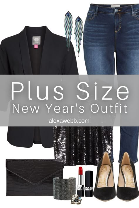 Plus Size New Year's Eve Outfit with black sequin top, black blazer, jeans and pumps - Alexa Webb Plus Size Nye Outfit New Years Eve, Plus Size New Years Eve Outfits Casual, Plus Size Sparkle Outfit, Plus Size Concert Outfit Night Summer, New Years Outfit Ideas For Women, Christmas Plus Size Outfits, Casual New Years Eve Outfits Jeans, Black Sequin Top Outfit, Plus Size Bodysuit Outfit