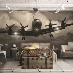 Industrial Chic Living Room, Airplane Bedroom, Aviation Room, Industrial Loft Decor, 3d Karakter, City Loft, Corporate Interior Design, Aviation Decor, Airplane Decor