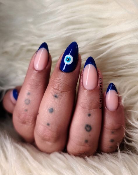 Evil eye protection. Blue French on almond nails using @masterworksgels in "cool opaque". @madam_glam in "I do" Nails Evil Eye, Almond Nails Designs Summer, Almond Nails Pink, Almond Acrylic Nails Designs, White Almond Nails, Almond Nails French, Pink Eyeliner, Evil Eye Nails, Eyeliner Black