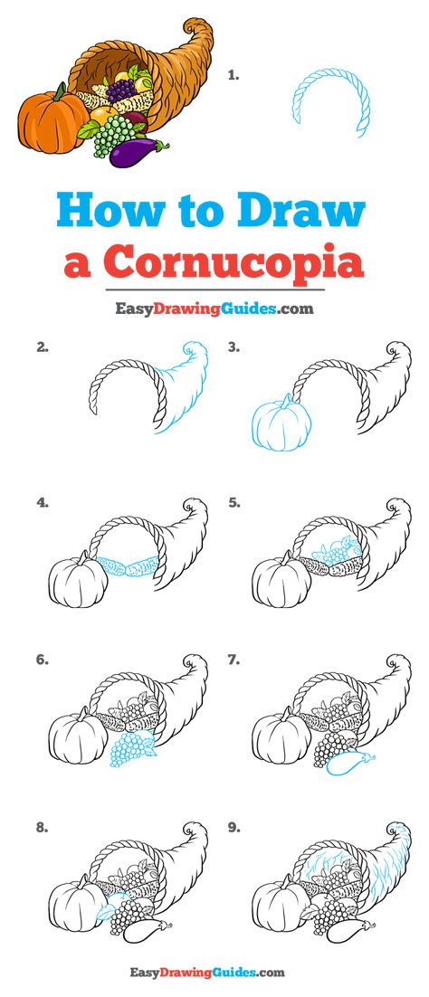 How to Draw a Cornucopia - Really Easy Drawing Tutorial How To Draw A Cornucopia, Cornucopia Doodle, Thanksgiving Drawings Easy Step By Step, How To Draw Thanksgiving Things, Thanksgiving Doodles Easy, Cornucopia Drawing, Thanksgiving Drawing Ideas, Journaling Doodles, Painting Prompts