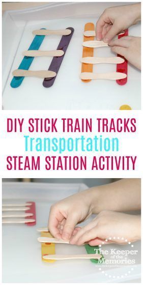 Check out this quick & easy make your own DIY stick train tracks transportation STEAM station activity. It would work great for a preschool transportation theme or even just a fun craft project for your little kids to add to the block center. #preschool #transportation #trains #DIY Train Sensory Activities, Trains Eyfs Activities, Preschool Road Activities, Transportation Loose Parts, Train Science Preschool, Transportation Literacy Activities Preschool, Transportation Preschool Science, Preschool Train Activities, Transportation Art Activities