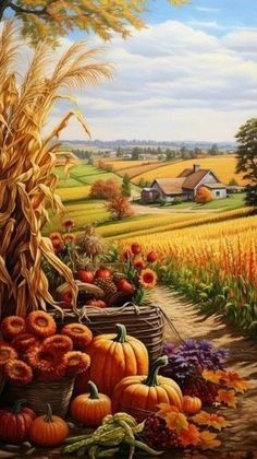 Farm Scene Painting, Fall Canvas Painting, Pumpkin Pictures, Farm Paintings, Thanksgiving Art, Nostalgic Art, Iphone Wallpaper Fall, Scenery Pictures, Cottage Art