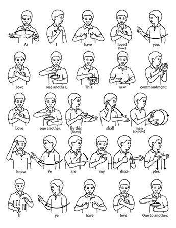 Rows of illustrations to show children how to do the sign language for the song “Love One Another.” English Sign Language, Makaton Signs, Simple Sign Language, Sign Language Art, Asl Sign Language Words, Sign Language Chart, Sign Language For Kids, Sign Language Lessons, Sign Language Phrases