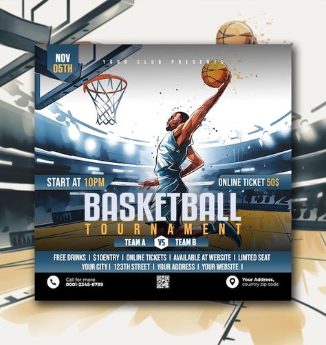 Basketball Flyer Design, Basketball Flyer, Post Template Design, Basketball Tournament, Social Media Post Template, Flyer And Poster Design, Free Business Card Mockup, Card Banner, Business Card Maker