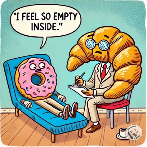 “I feel so empty inside.  #PerfectlyPunny #Funny #Comics #Humor #Comedy #Jokes #Donuts Kitchen Jokes, Snack Humor, Empty Inside, Comedy Jokes, Food Puns, Kitchen Humor, Pizza Slice, Word Play, Funny Puns