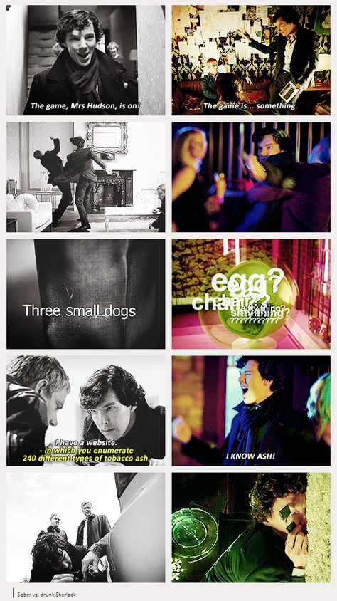 Sober Sherlock vs Drunk Sherlock He's clueing for looks Drunk Sherlock, John Lock, Vatican Cameos, Mrs Hudson, Sherlock Holmes Bbc, Sherlock 3, Sherlock Fandom, Benedict Cumberbatch Sherlock, Bbc Sherlock