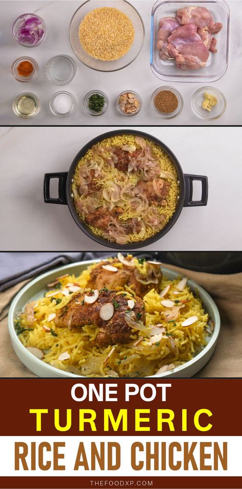 Image of One Pot Turmeric Rice and Chicken served in a large skillet. The dish features tender, golden chicken pieces nestled in fragrant, turmeric-infused rice, cooked together for a rich, flavorful meal. Garnished with fresh herbs, this easy and comforting recipe is perfect for a hearty dinner with minimal cleanup. Recipes Using Turmeric, Persian Chicken, Turmeric Rice, Recipe With Lemon, Rice And Chicken, Turmeric Oil, Persian Cuisine, Turmeric Recipes, Chicken Appetizers