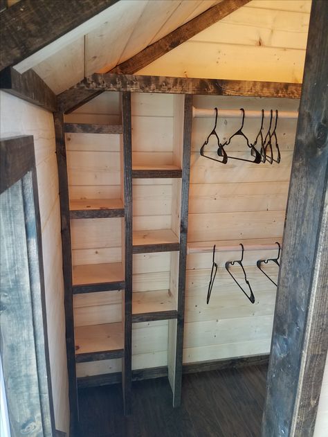 Tiny House Walk-In Closet KJE Tiny Homes Tiny House Walk In Closet, Storage Tiny House, Tiny House Closet Ideas, Log Cabin Interior Design, Tiny House Closet, House Closet, Tiny House Towns, Cabin Interior Design, Log Cabin Interior